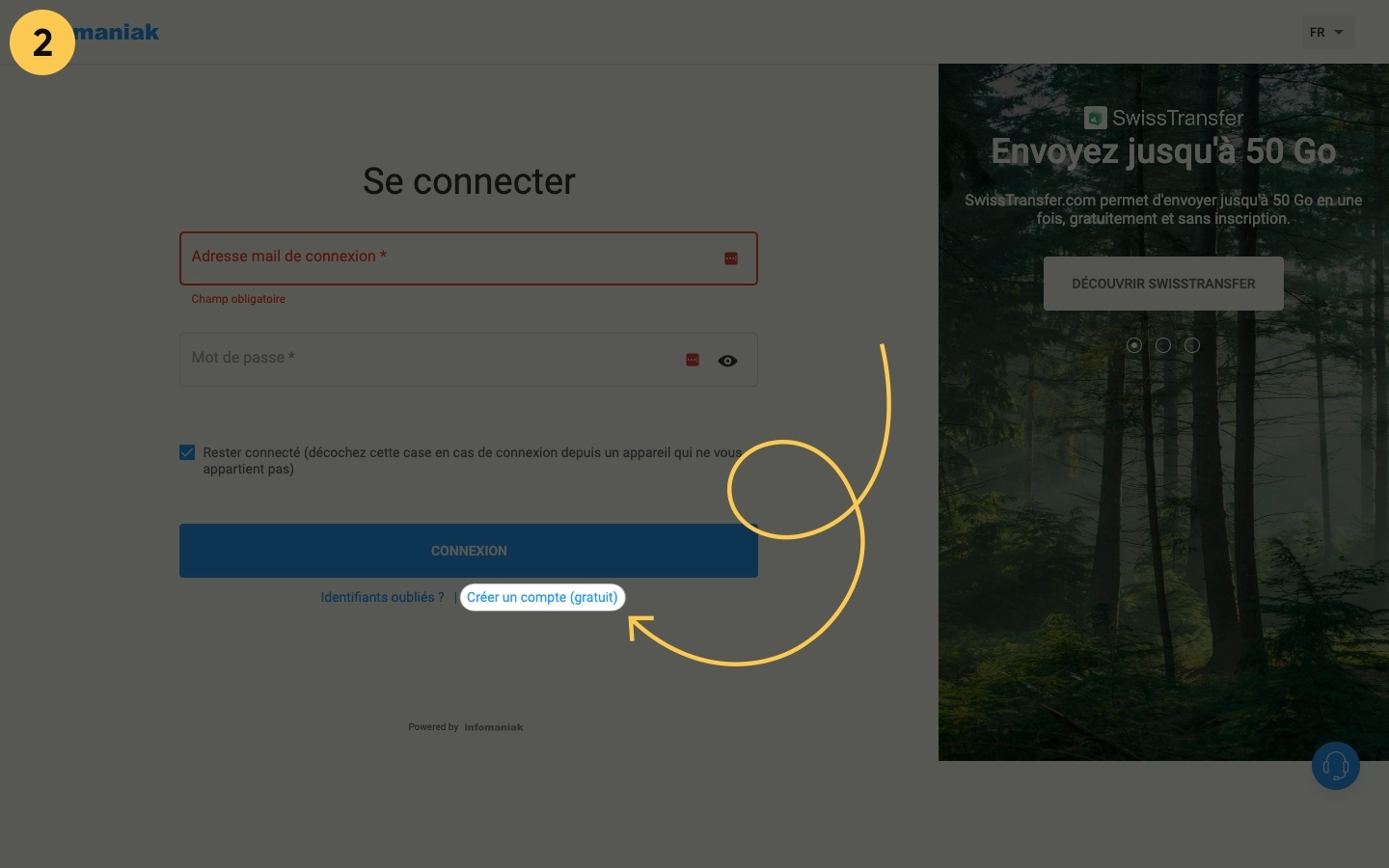 Page de connexion du site d'infomaniak avec une flèche montrant le lien 's'inscrire'