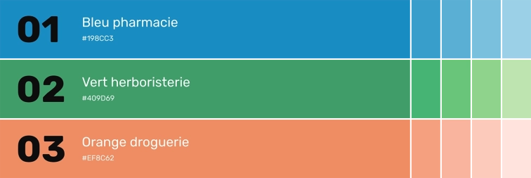 Les trois couleurs principale du site internet créé sur mesure pour la pharmacie de St-Sulpice