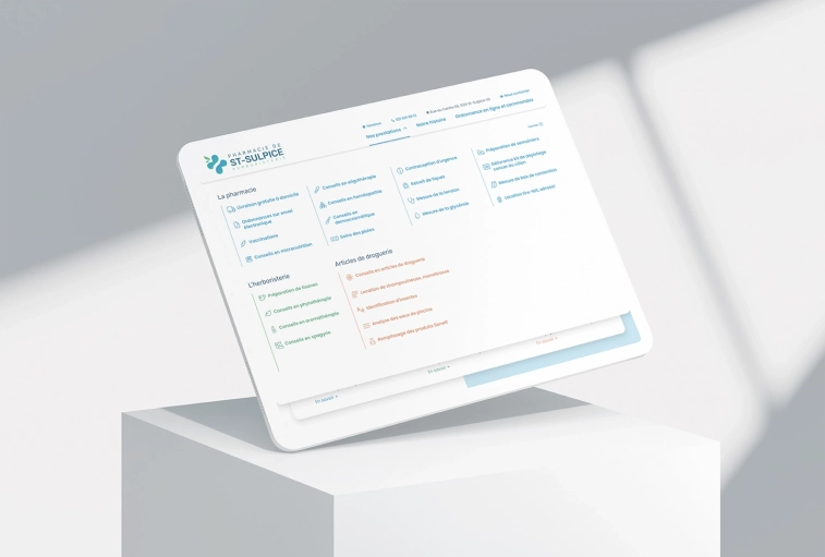 Mockup de la navigation du site internet créé sur mesure pour la version tablette du site web de la pharmacie de St-Sulpice