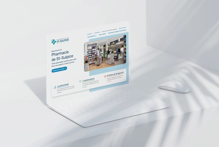 Mockup de la page d'accueil du site internet créé sur mesure pour la pharmacie de St-Sulpice